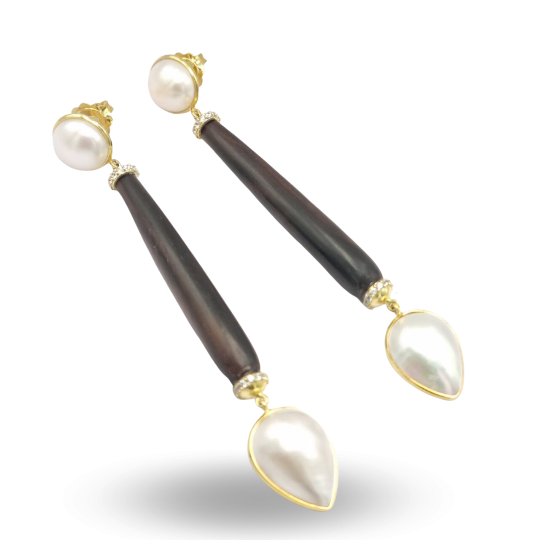 Orecchini in Argento 925 dorato con Ebano a goccia e Perle