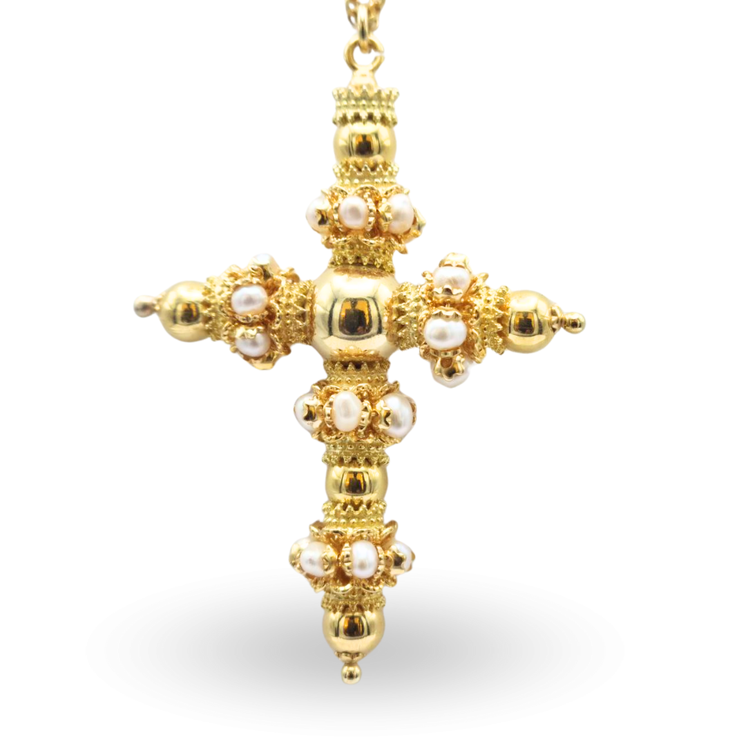 Collana in Argento 925 dorato con Croce modello Elegant con mezze mine in Perle