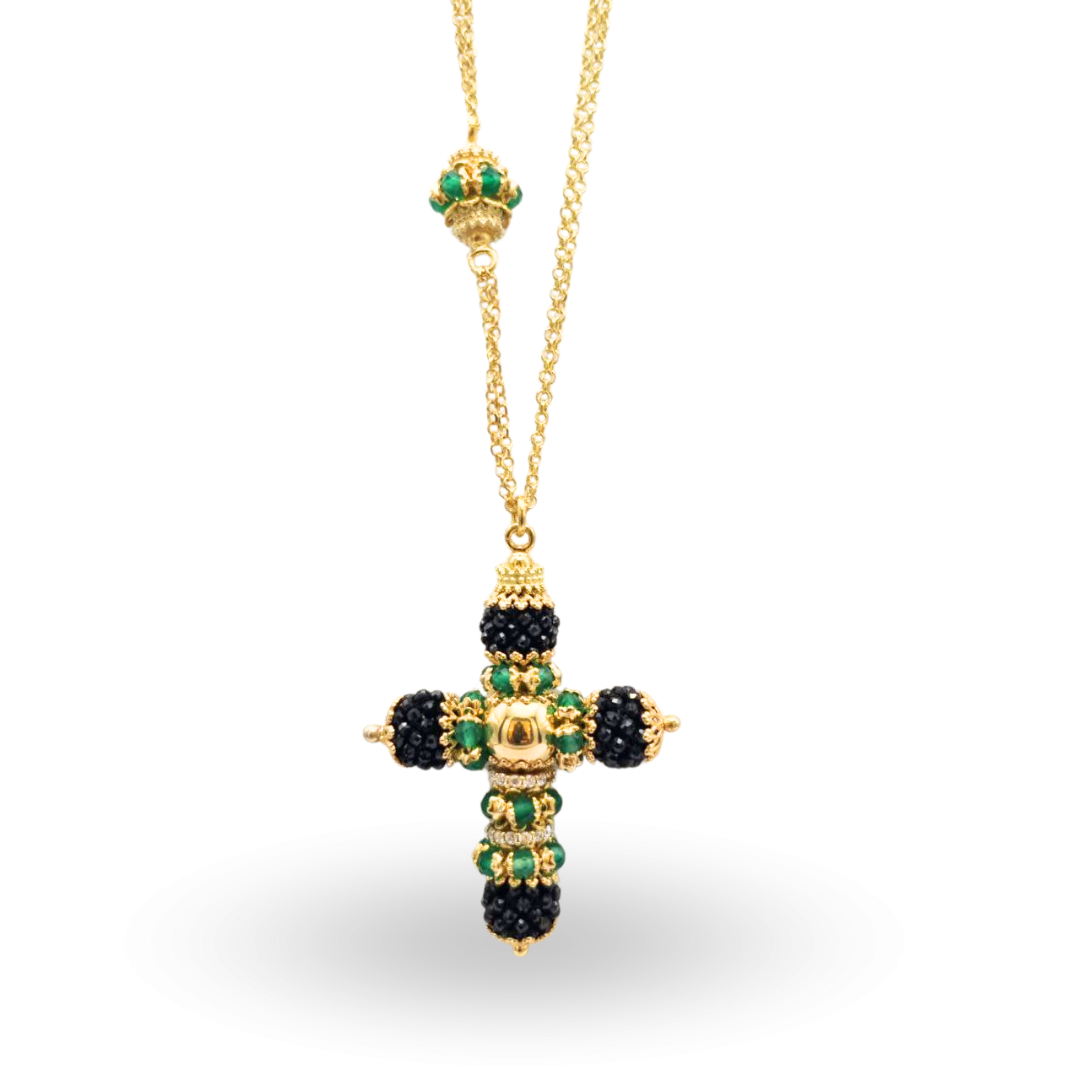Collana in Argento 925 dorato con Croce modello More con coroncine in Giada