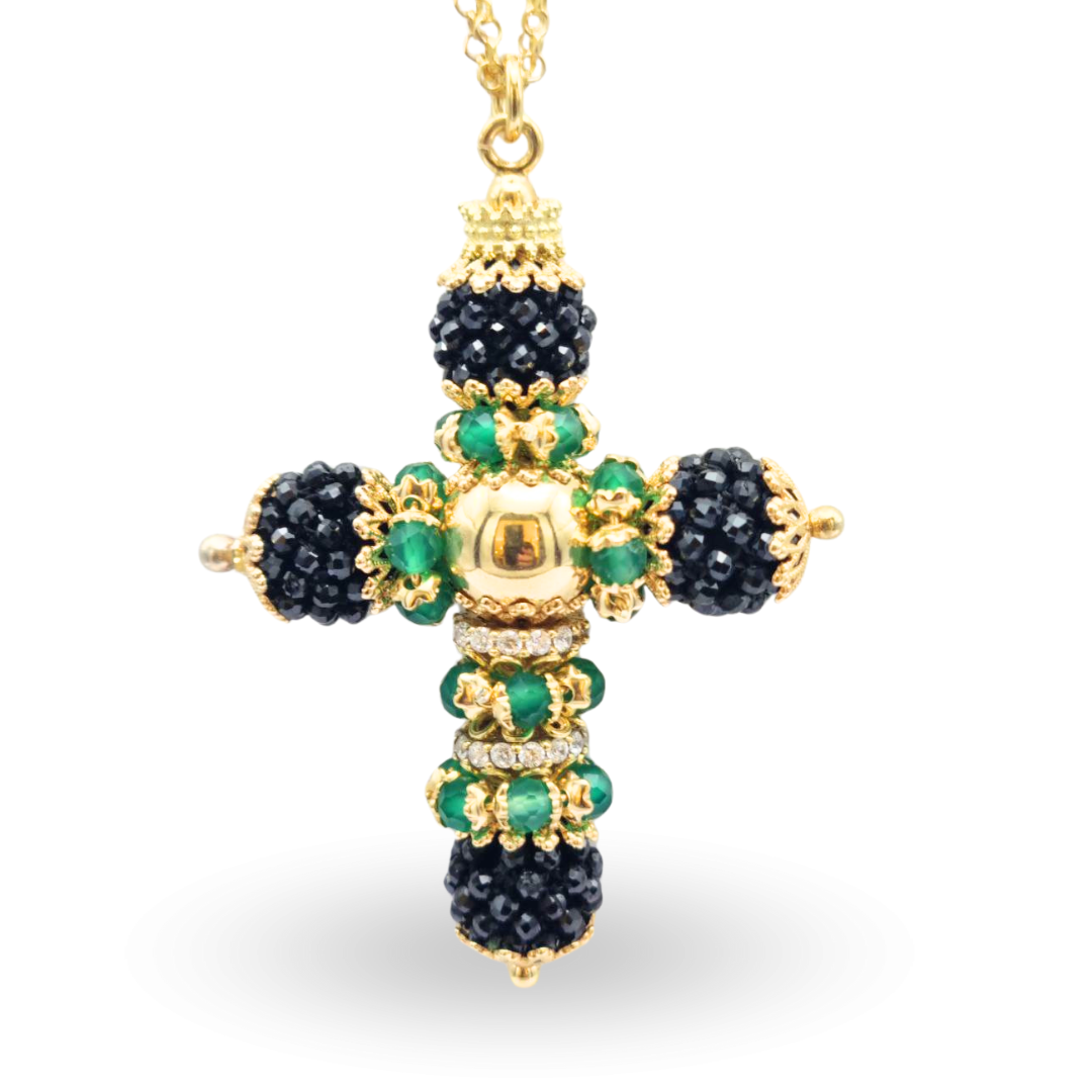 Collana in Argento 925 dorato con Croce modello More con coroncine in Giada