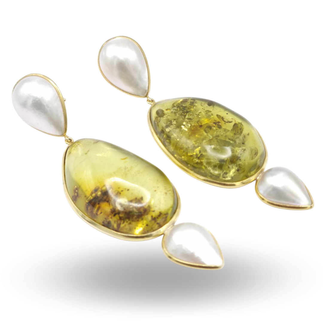 Orecchini in Argento 925 dorato con Ambra verde e Perle