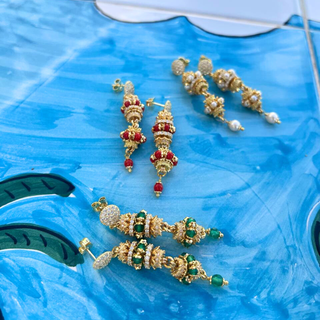 Orecchini in Argento 925 dorato con doppia mina zirconata in Corallo rosso Mediterraneo