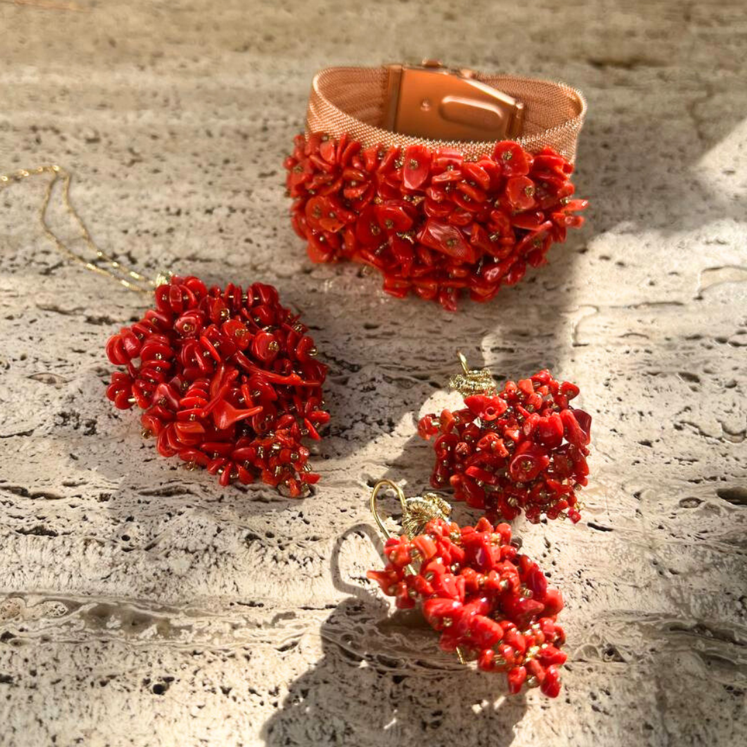 Orecchini a grappolo in Argento 925 dorato con Corallo rosso Mediterraneo