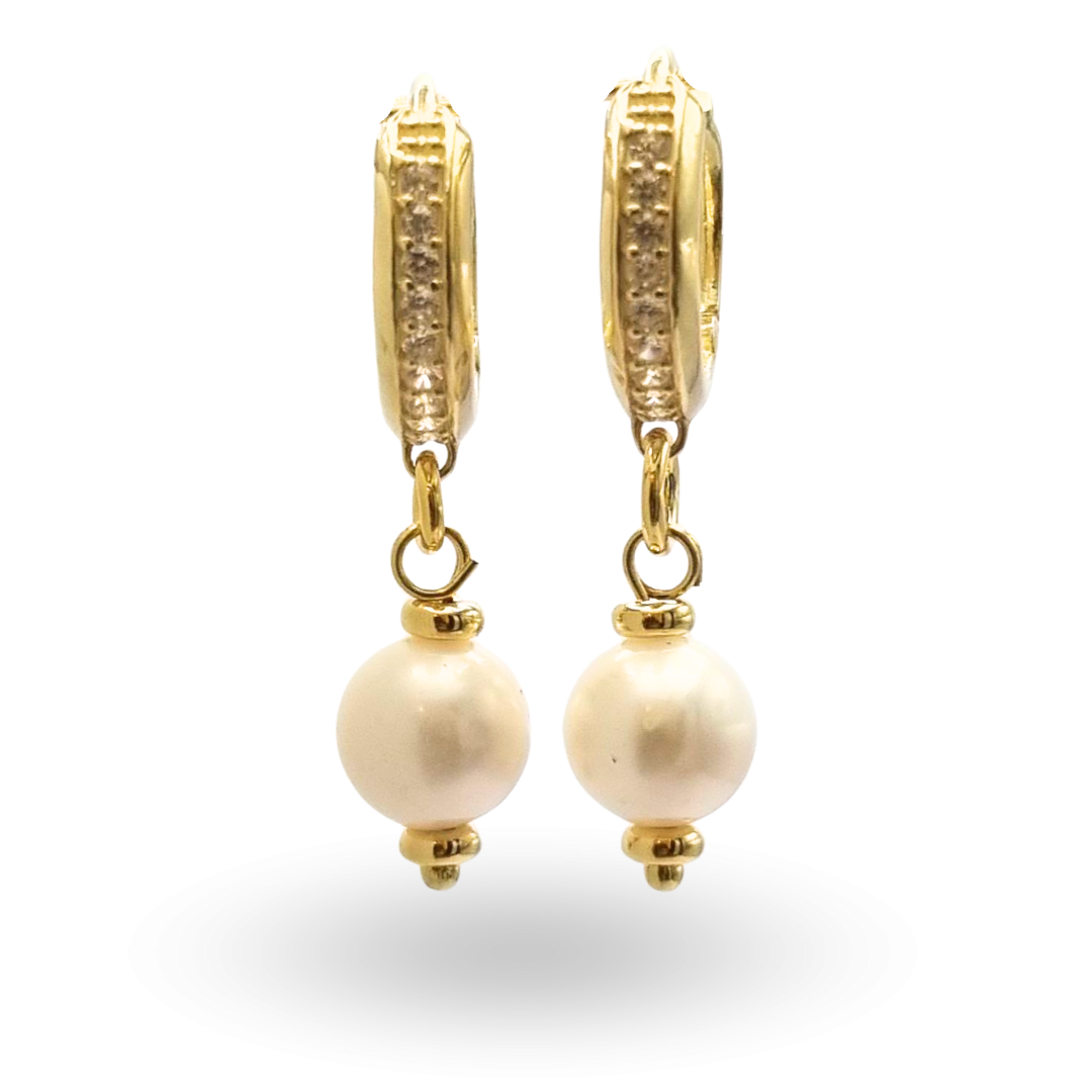 Orecchini in Argento 925 dorato a cerchietto, zirconati, con pendente in Perla, Malachite, Corallo, Lapis, Giada, Onice o Pasta di Turchese