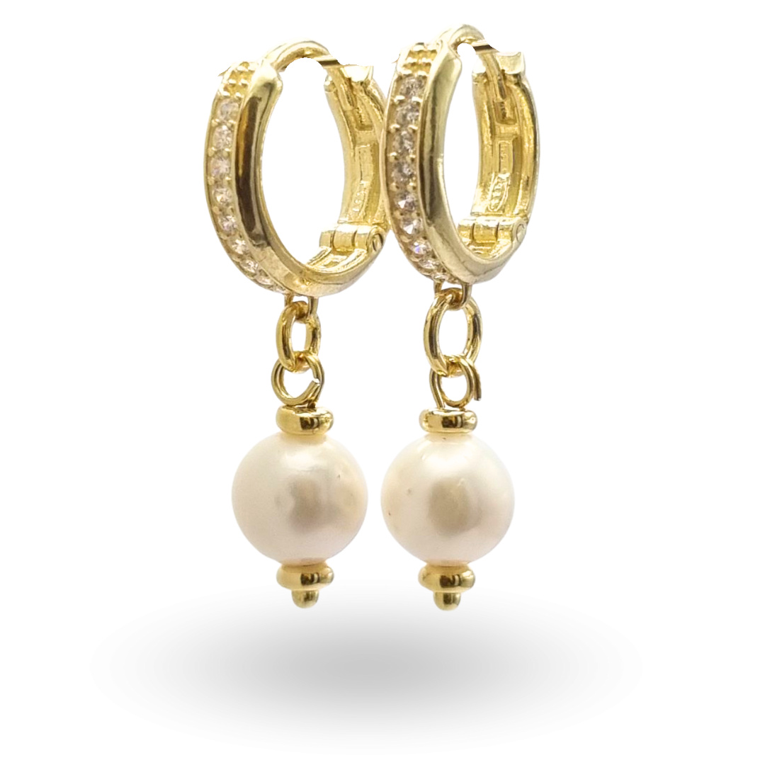 Orecchini in Argento 925 dorato a cerchietto, zirconati, con pendente in Perla, Malachite, Corallo, Lapis, Giada, Onice o Pasta di Turchese