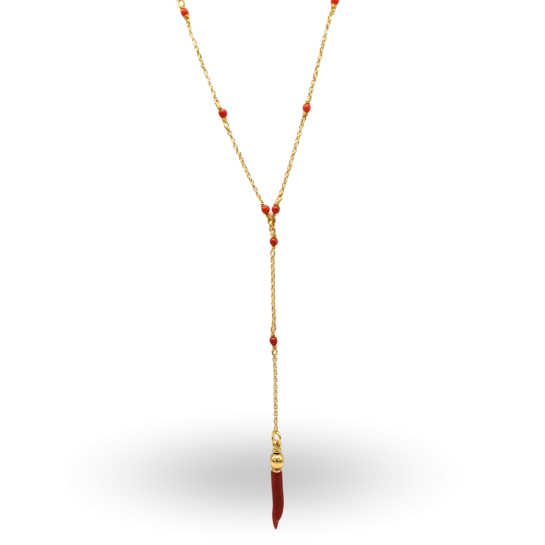 Collana a girocollo in Argento 925 dorato con pallini e cornetto finale, entrambi in Corallo rosso Mediterraneo