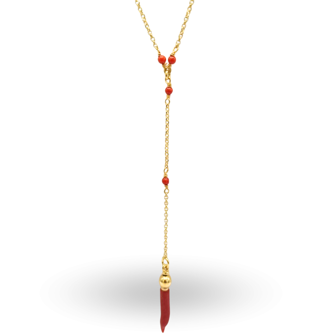 Collana a girocollo in Argento 925 dorato con pallini e cornetto finale, entrambi in Corallo rosso Mediterraneo