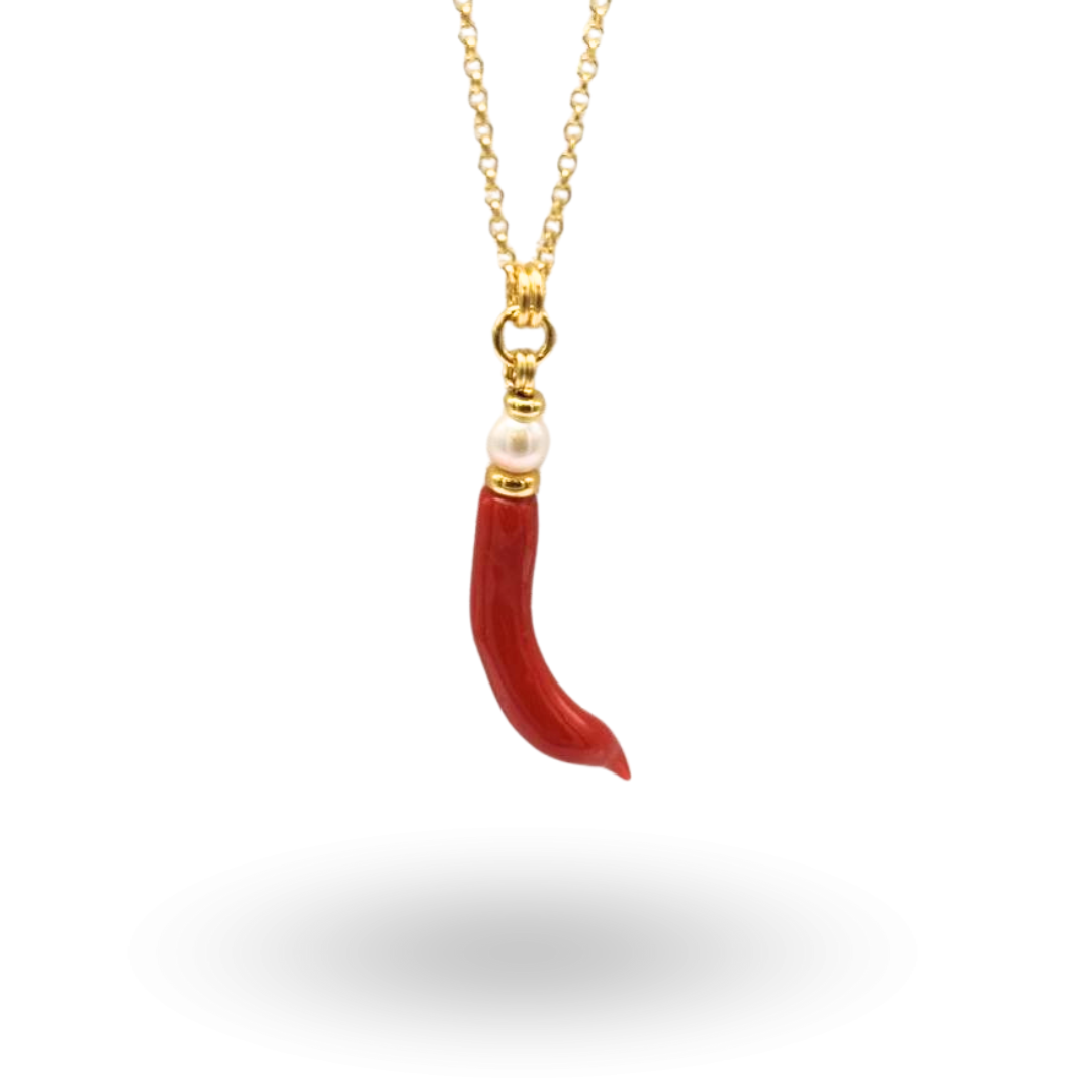 Collana in Argento 925 bagnato in Oro 18Kt con Corno in Corallo e Perla