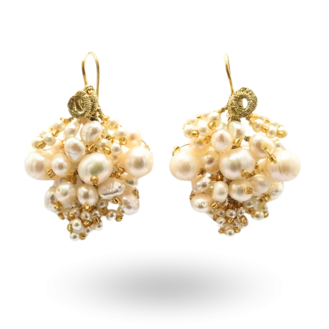 Orecchini a grappolo in Argento 925 bagnato in Oro 18Kt con Perle di varie dimensioni