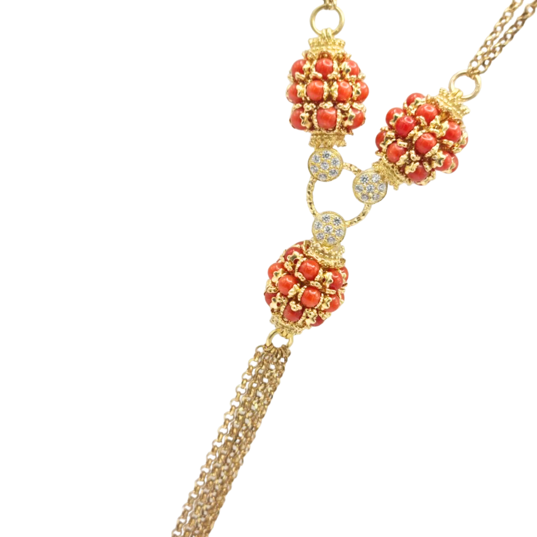 Collana in Argento 925 dorato con tre mine in Corallo rosso Mediterraneo e frange