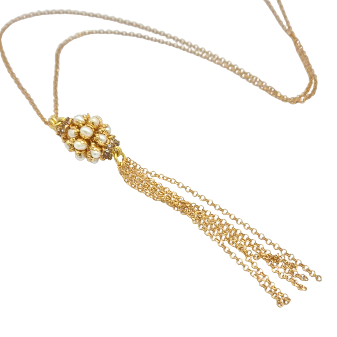 Collana in Argento 925 dorato con mina in Perle e frange