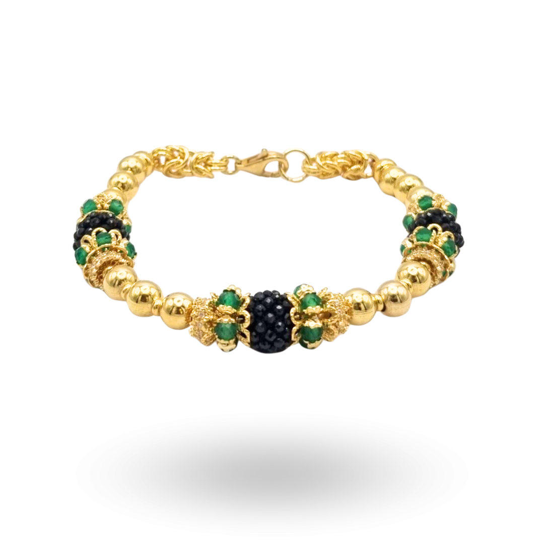 Bracciale semirigido linea Barocca con sfere in Argento 925 dorato e tre more in Spinelli neri lavorazione tessito con coroncine in Giada