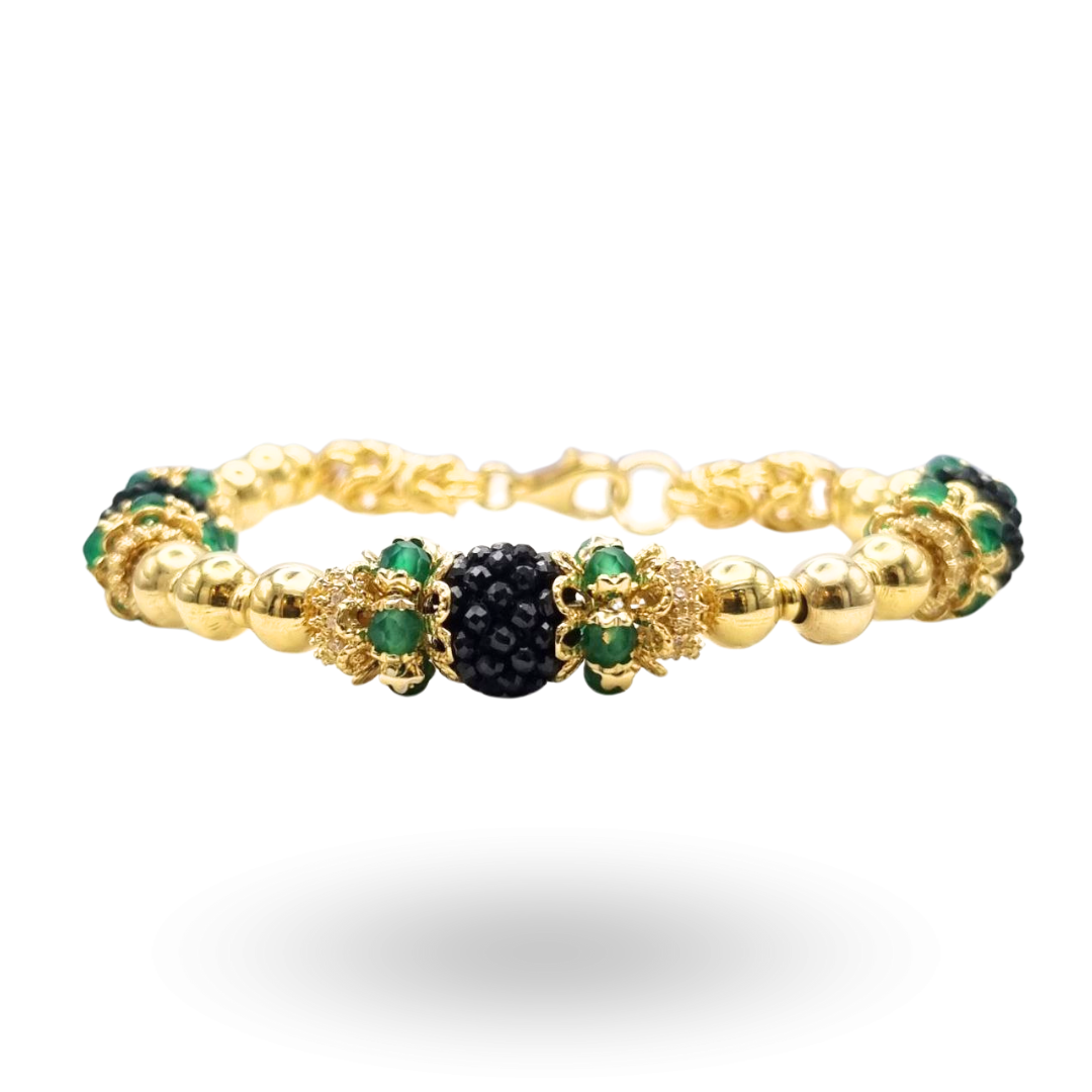 Bracciale semirigido linea Barocca con sfere in Argento 925 dorato e tre more in Spinelli neri lavorazione tessito con coroncine in Giada