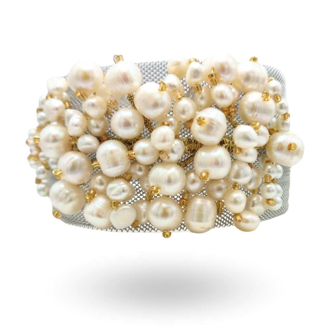 Bracciale a grappolo in Acciaio con Perle di varie dimensioni - Variante Silver