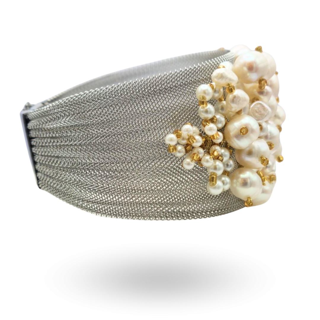 Bracciale a grappolo in Acciaio con Perle di varie dimensioni - Variante Silver