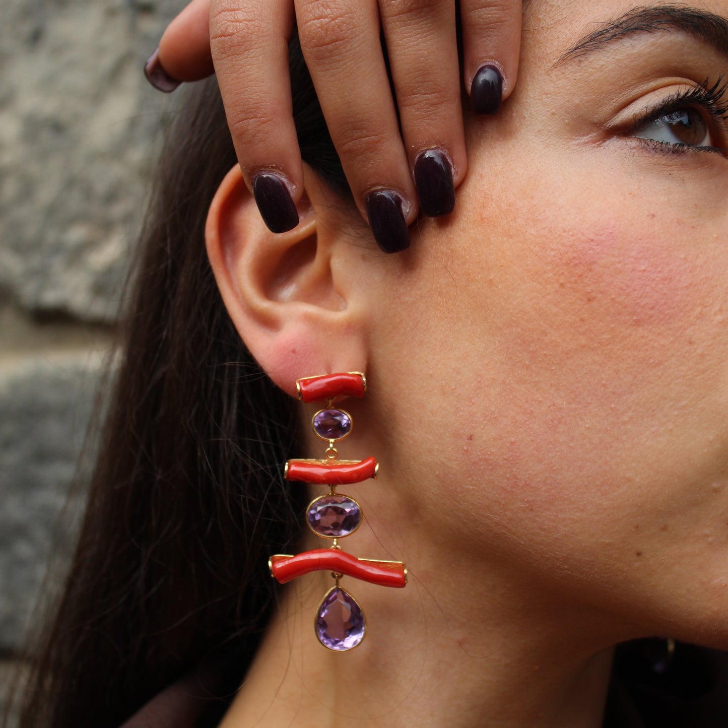 Orecchini in Argento 925 dorato con rami di Corallo rosso e Ametista