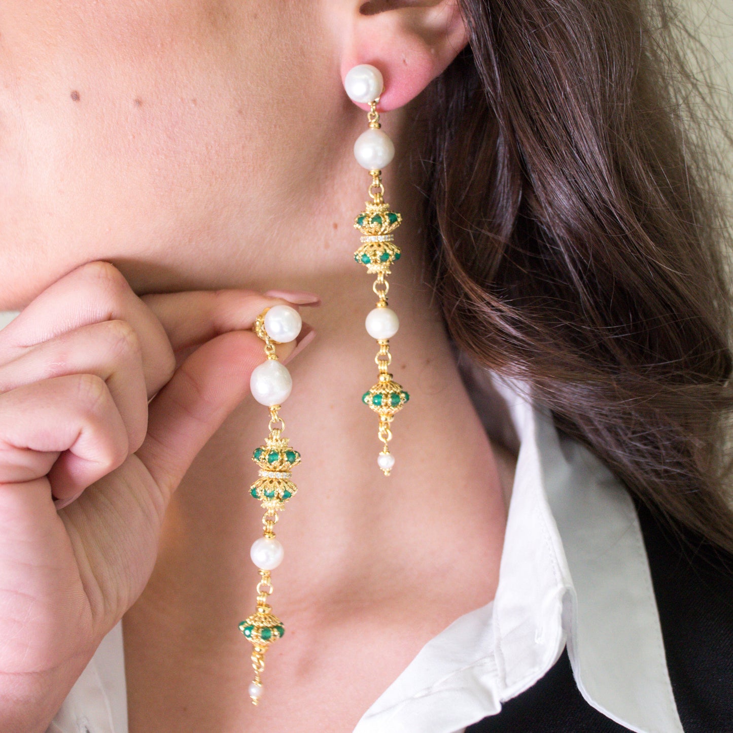 Orecchini in Argento 925 dorato con Perle a scalare e mine Luxury