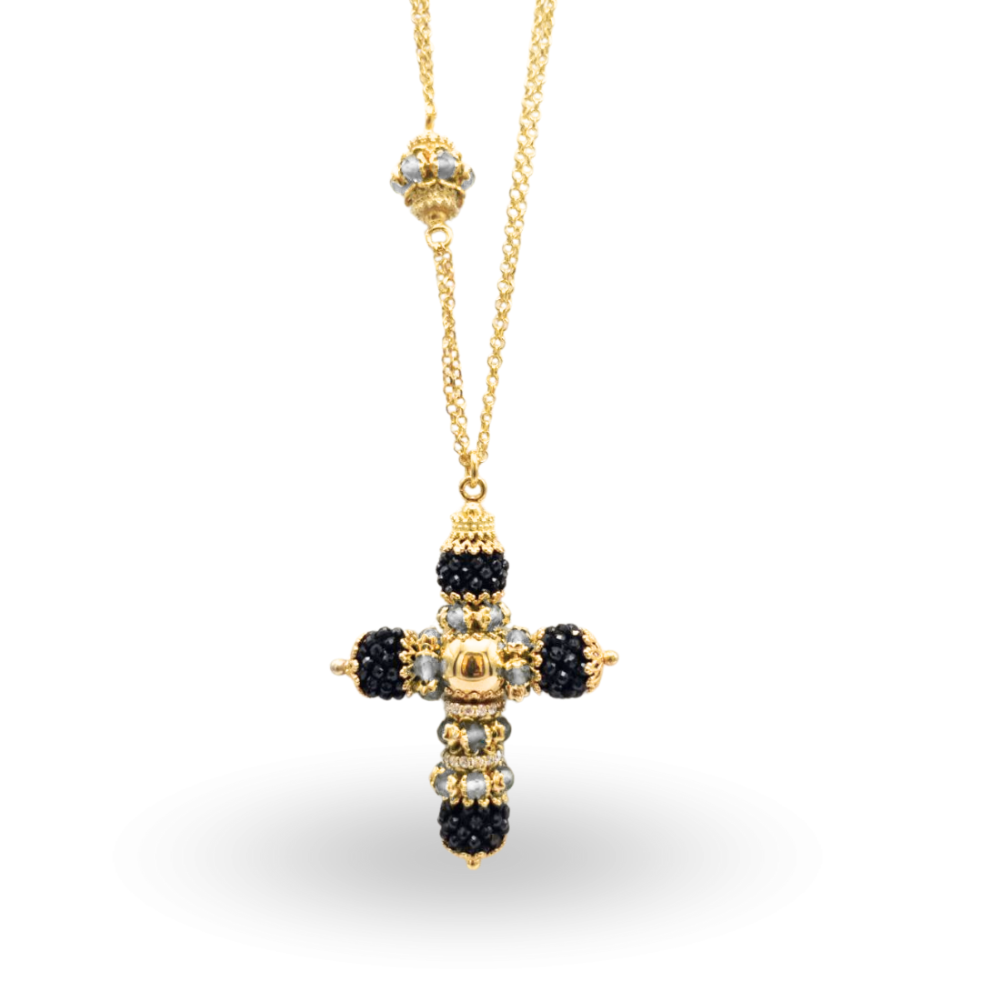 Collana in Argento 925 dorato con Croce modello More con coroncine in Giada