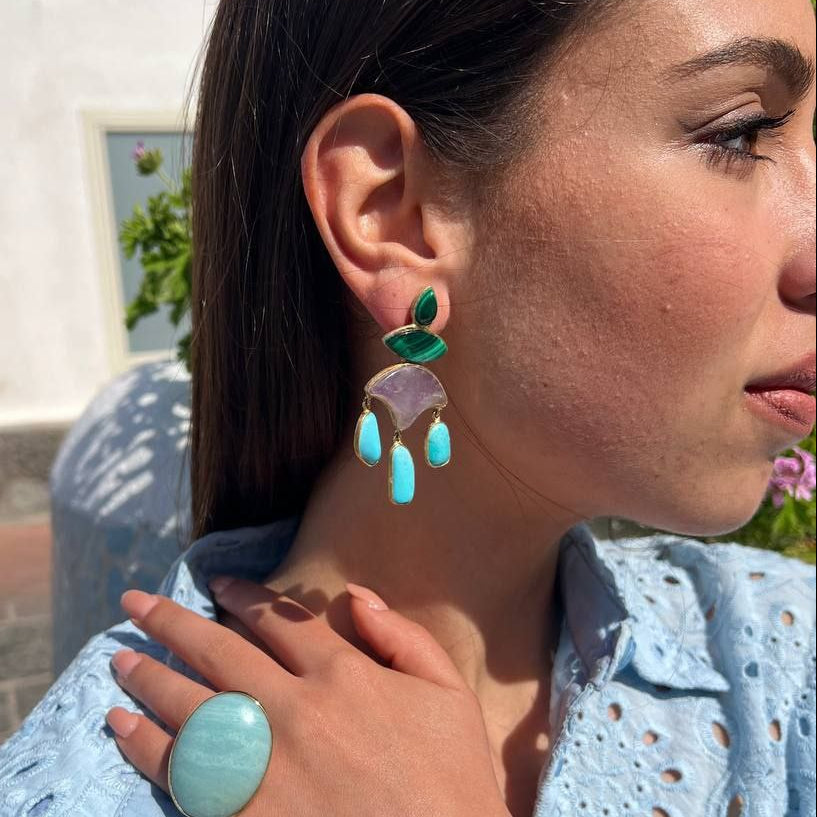 Orecchini in Argento 925 dorato con Malachite, Ametista e Turchese naturale