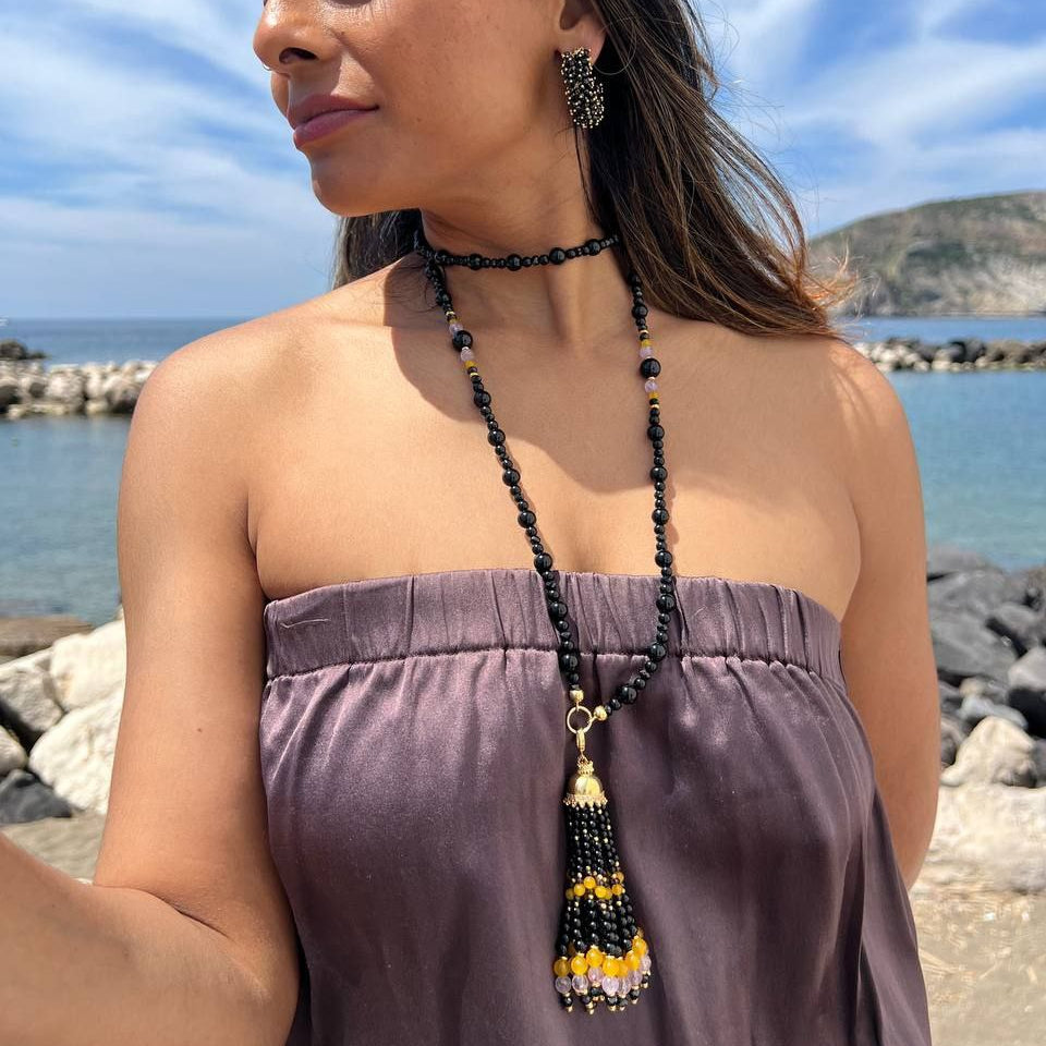 Collana in Pietre Naturali con Onice, Agata gialla e Ametista, montata in Argento 925 dorato