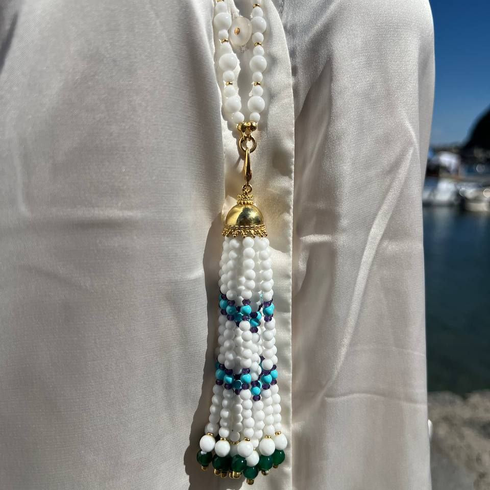 Collana in Pietre Naturali con Agata Bianca, Giada, Ametista e Pasta di Turchese, montata in Argento 925 dorato