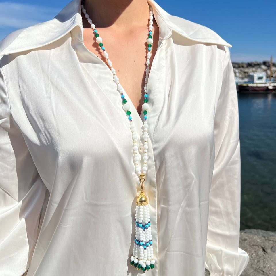 Collana in Pietre Naturali con Agata Bianca, Giada, Ametista e Pasta di Turchese, montata in Argento 925 dorato
