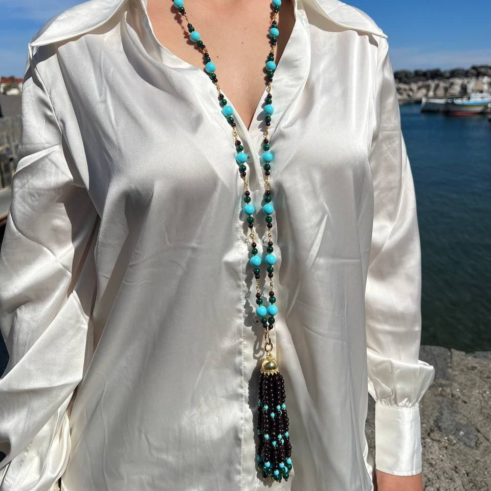 Collana in Pietre Naturali ammagliata completamente a mano, in Argento 925 dorato, con Granati, Malachite e sfere di Pasta di Turchese