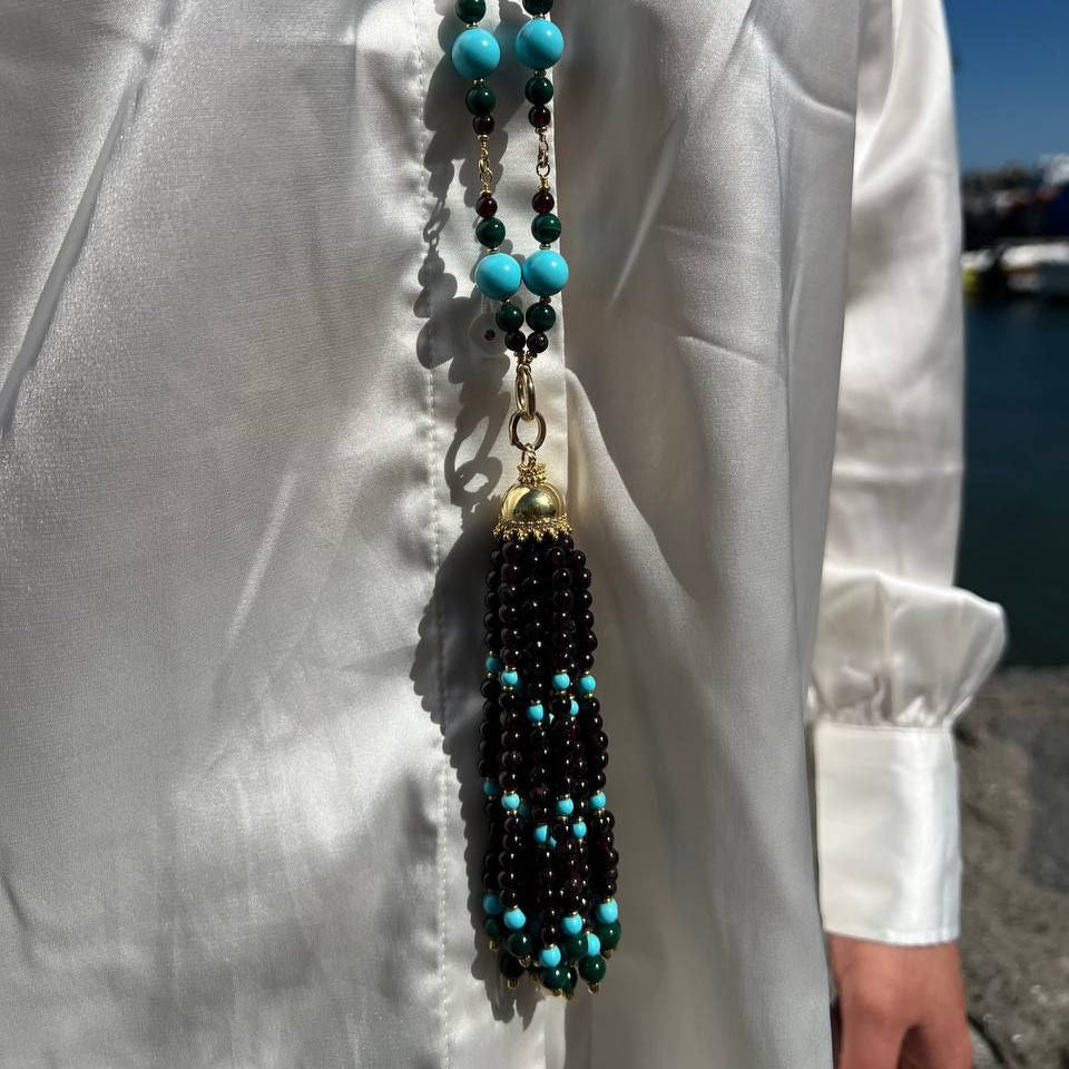 Collana in Pietre Naturali ammagliata completamente a mano, in Argento 925 dorato, con Granati, Malachite e sfere di Pasta di Turchese