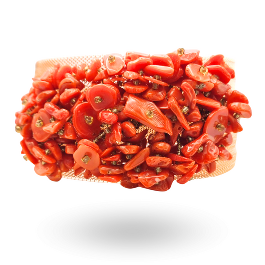 Bracciale a grappolo con maglia a rete in Acciaio rosato con Corallo rosso Mediterraneo