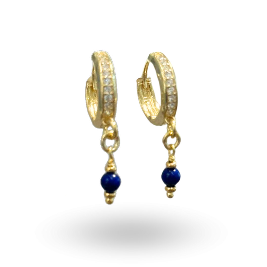 Orecchini in Argento 925 dorato a cerchietto, zirconati, con pendente in Perla, Malachite, Corallo, Lapis, Giada, Onice o Pasta di Turchese