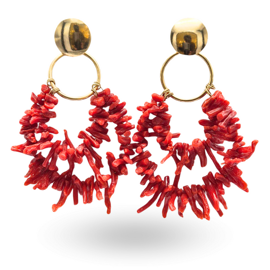 Orecchini in Argento 925 dorato con piastra dorata e doppio cerchio con frange in Corallo rosso