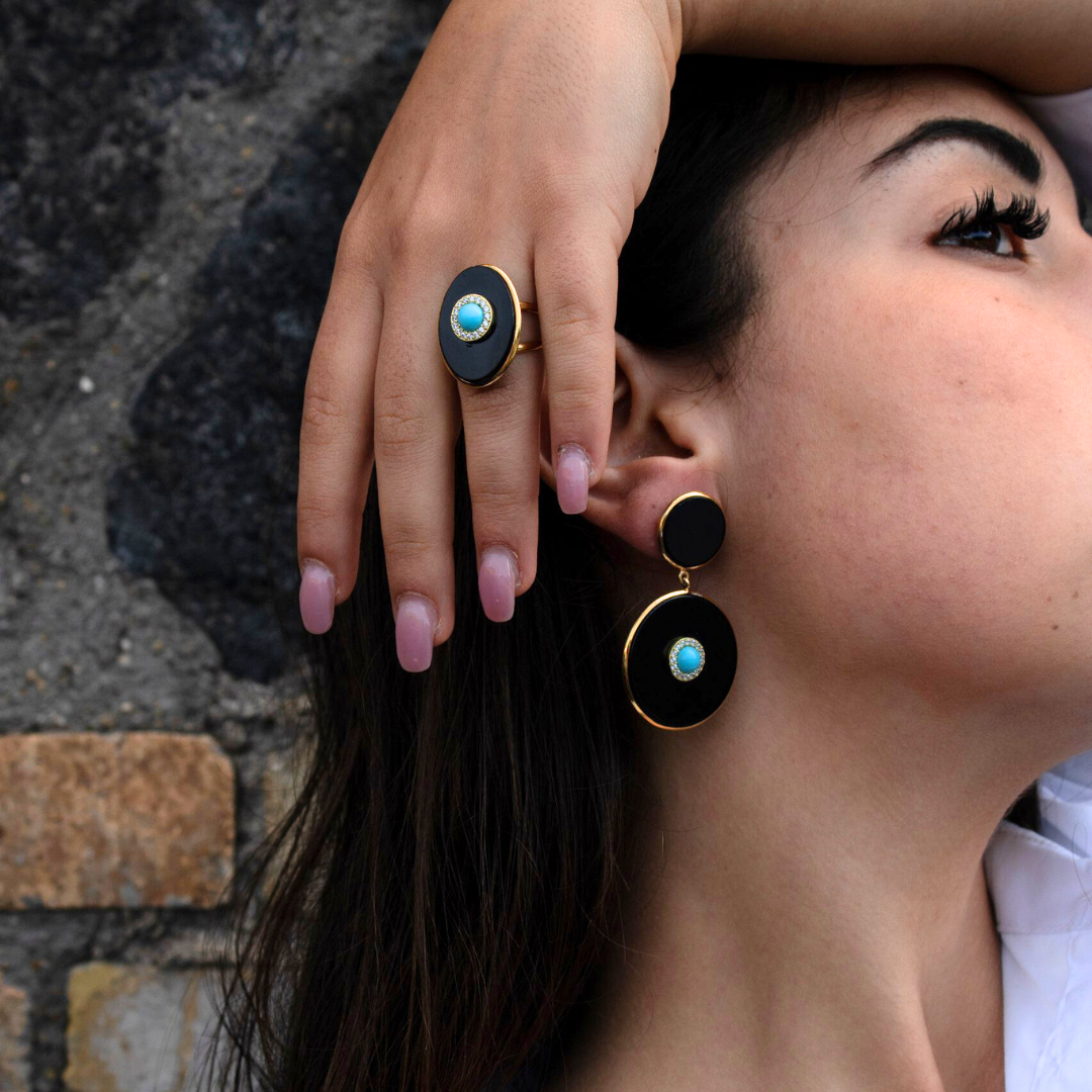 Earrings in gold-plated 925 silver with double round plate in onyx and turquoise