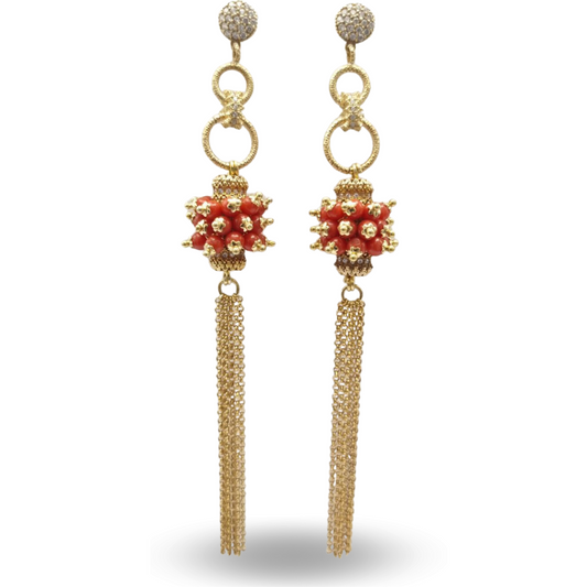 Earrings in gold-plated 925 silver with coral tufts and fringes