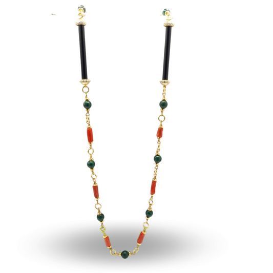 Collana in Argento 925 dorato con Corallo, Malachite e stecche di Onice