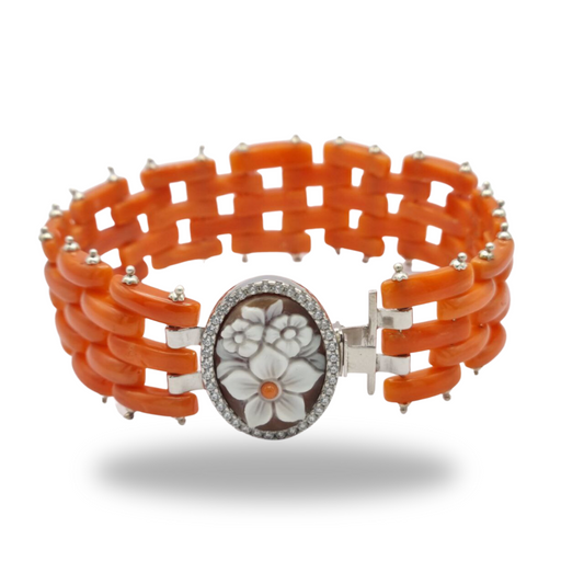 Cartier Link Sciacca Coral Bracelet with 3 Flower Cameo on Sardonyx mounted in 925 Silver