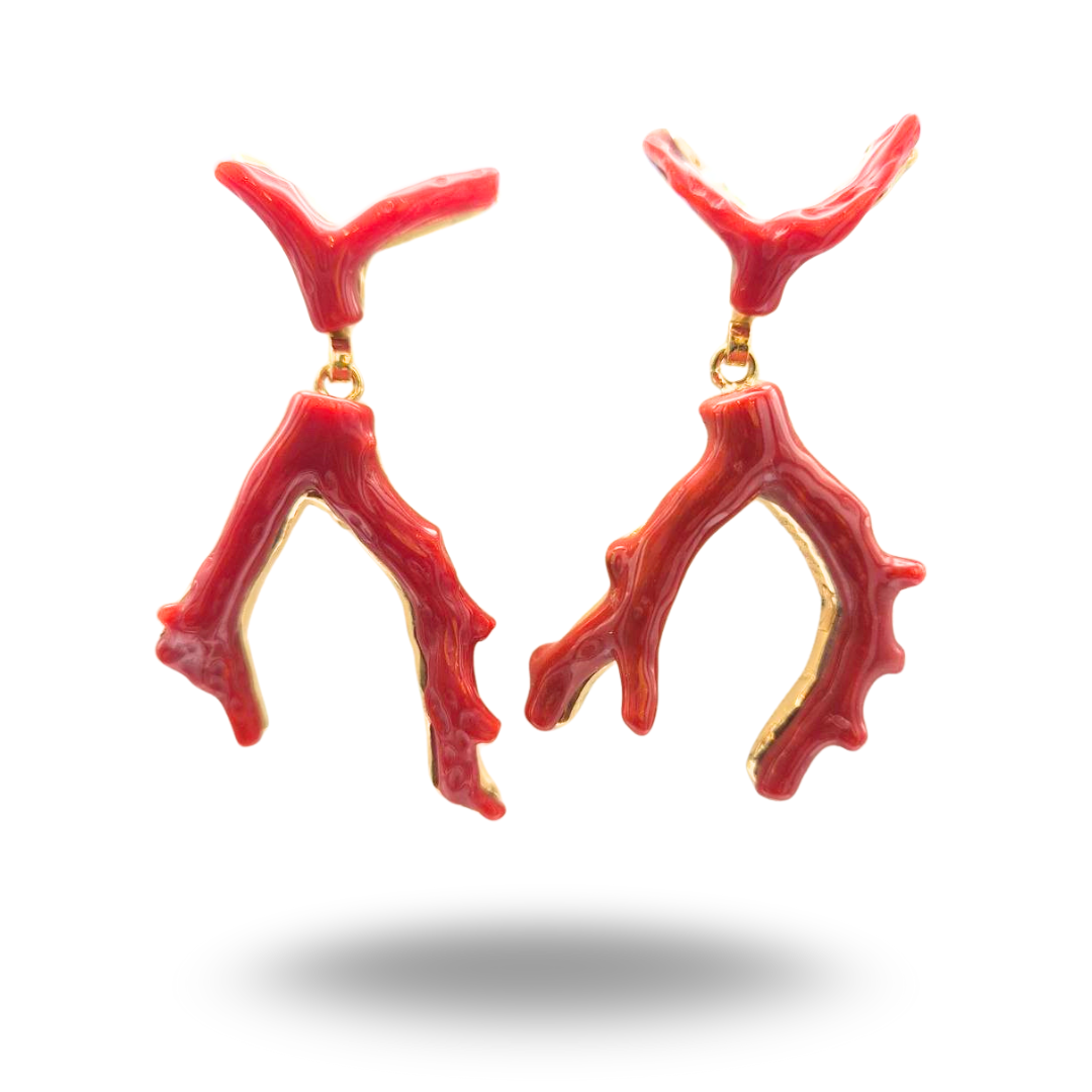 Orecchini in Argento 925 dorato con due rami in Corallo rosso Mediterraneo
