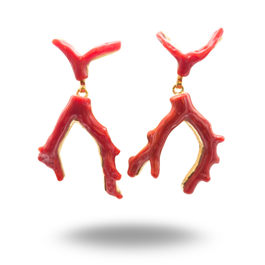 Orecchini in Argento 925 dorato con due rami in Corallo rosso Mediterraneo
