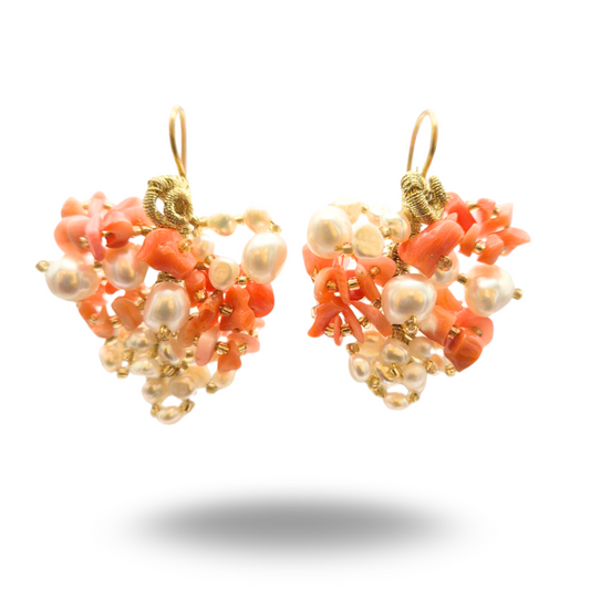 Orecchini a grappolo in Argento 925 bagnato in Oro 18Kt con Corallo rosa e Perle