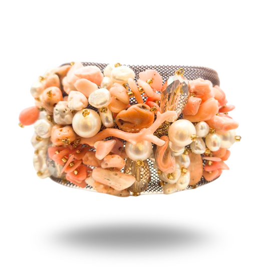 Bracciale a grappolo in Acciaio con Corallo rosa, Perle di fiume, Quarzi e Pietre Naturali - Variante Brown