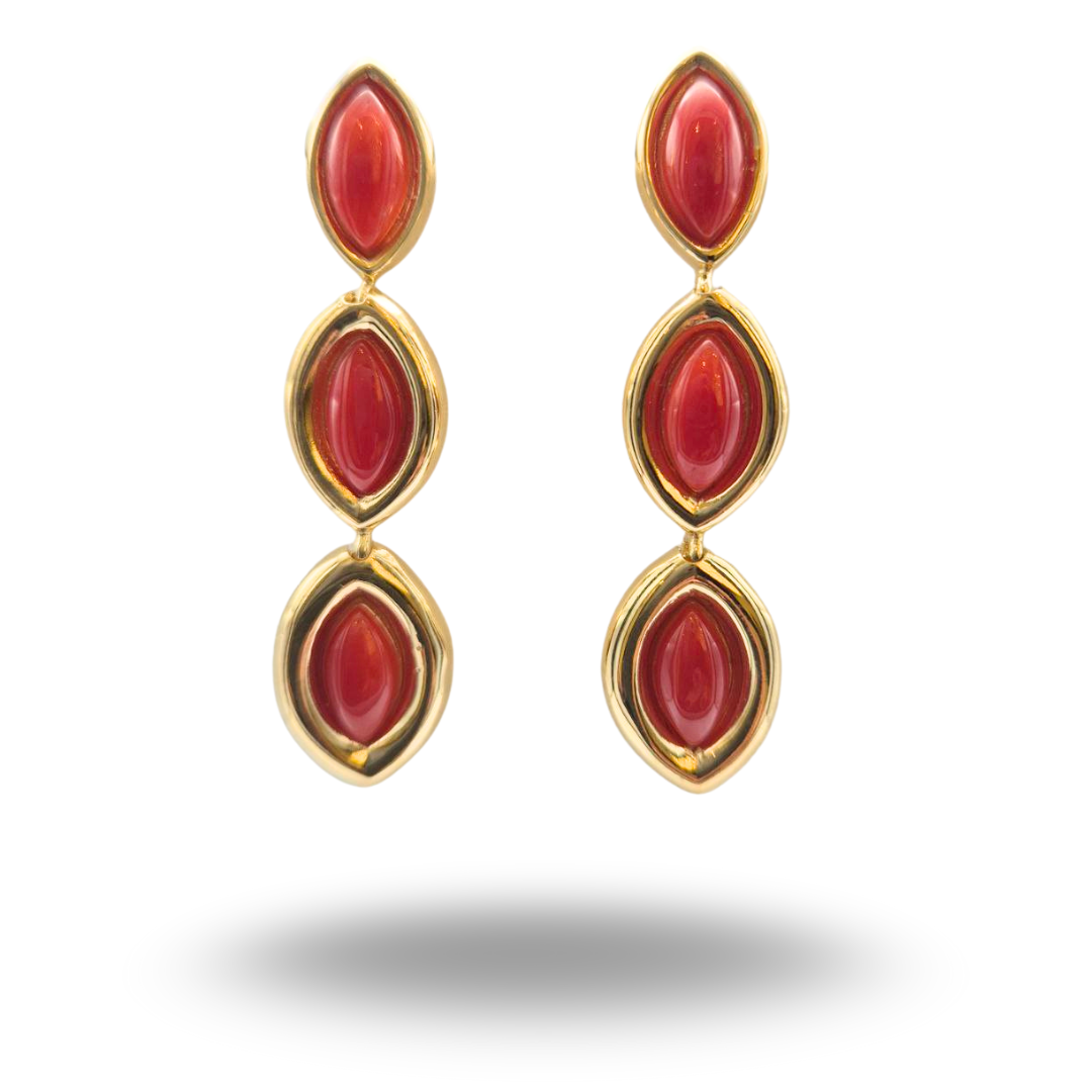 Orecchini in Argento 925 dorato con tre spole di Corallo rosso taglio navette