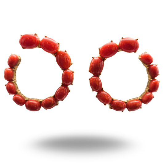 Orecchini in Argento 925 dorato a cerchi aperti con spole in Corallo rosso Mediterraneo
