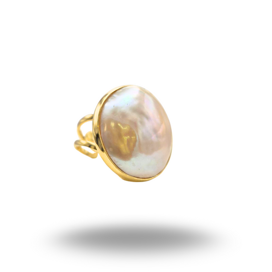Anello in Argento dorato con Perla Barocca maxi. Misura regolabile