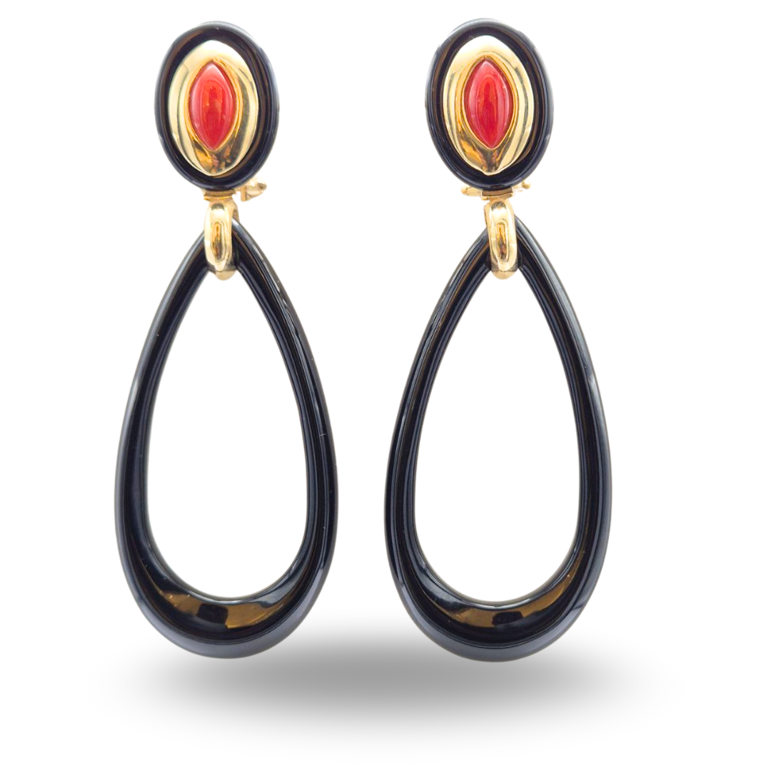 Orecchini in Argento 925 dorato pendenti con goccia aperta in Onice e spola di Corallo rosso