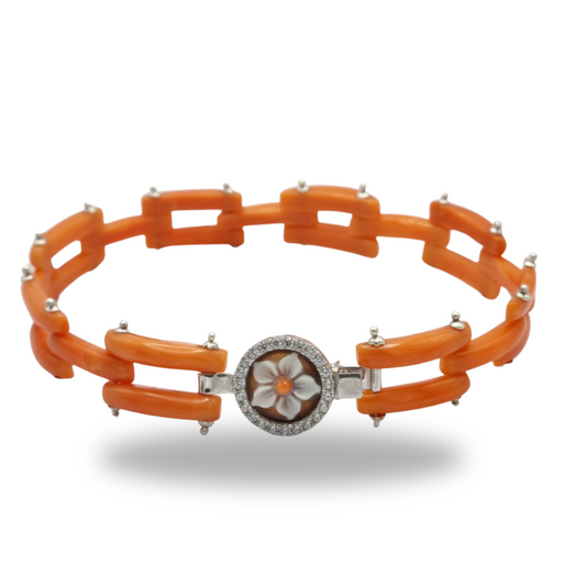 Cartier Link Sciacca Coral Bracelet with Flower Cameo on Sardonyx mounted in 925 Silver