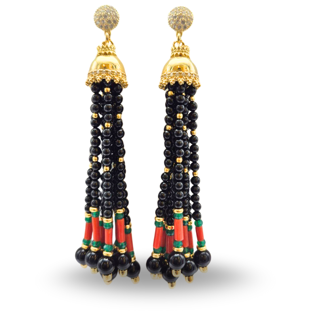 Orecchini Linea Mala in Argento 925 dorato con ciuffi in Onice, Corallo rosso e Giada