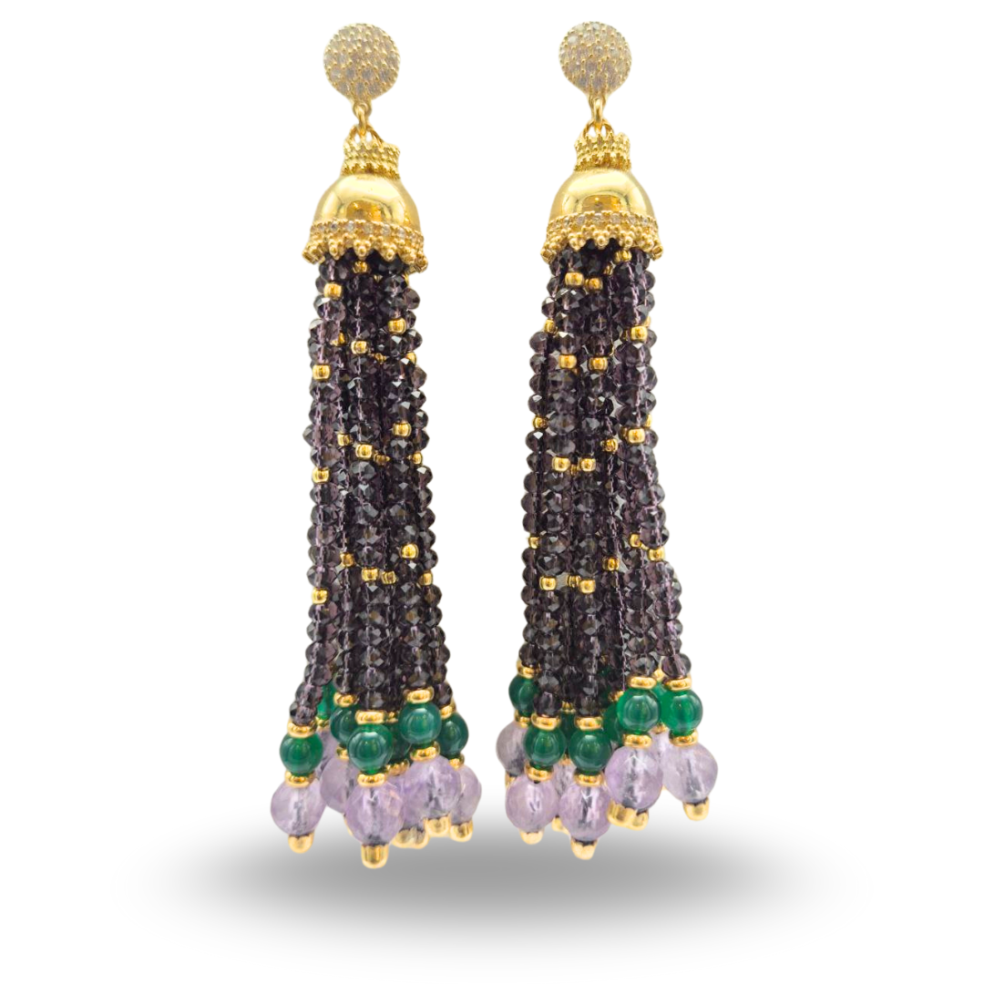 Orecchini Linea Mala in Argento 925 dorato con ciuffi in Ametista, Quarzi e Giada