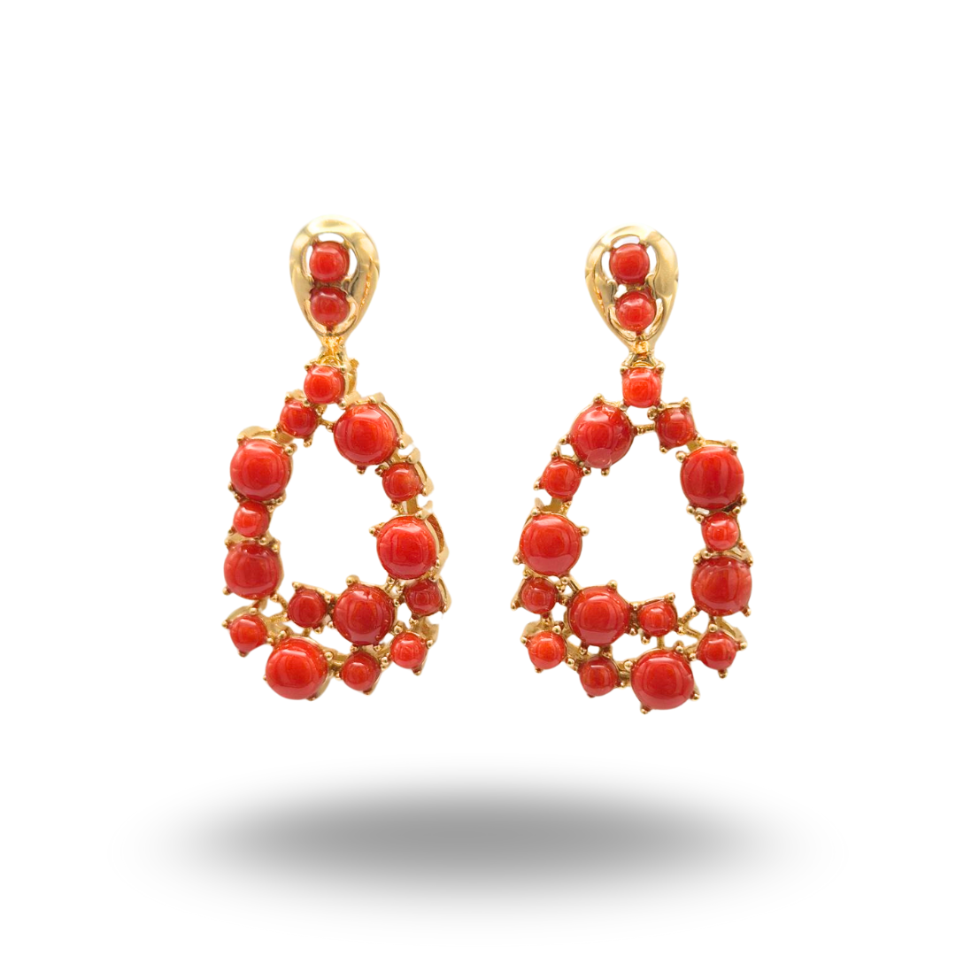 Orecchini in Argento 925 dorato a gocce aperte con spole in Corallo rosso Mediterraneo
