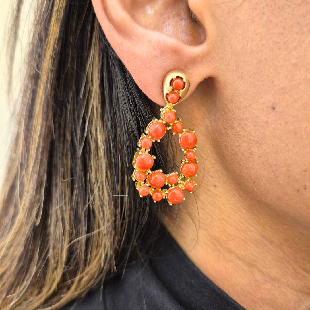 Orecchini in Argento 925 dorato a gocce aperte con spole in Corallo rosso Mediterraneo