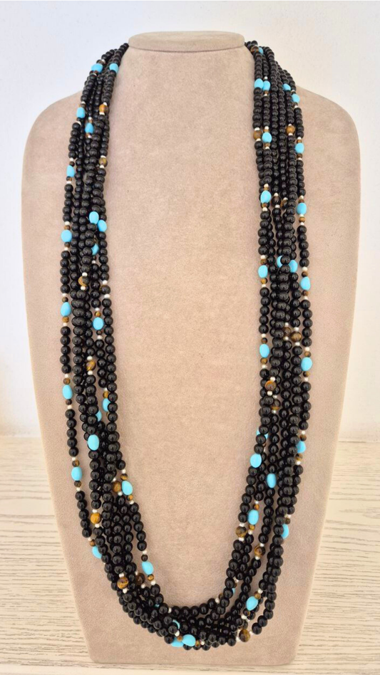 Collana a 6 fili in Onice, Perle, sassi di Pasta di Turchese e Occhi di Tigre, chiusura in Argento 925 dorato