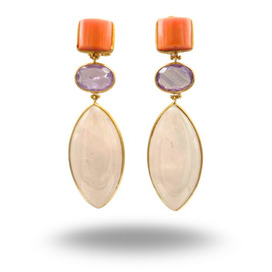 Orecchini in Argento 925 dorato con Corallo, Quarzo rosa e Ametista